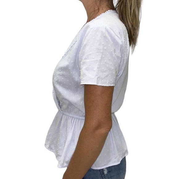 LOFT | Swiss Dot Blouse Embroidered Crochet Peplum Faux Wrap Light Blue … - Picture 2 of 9